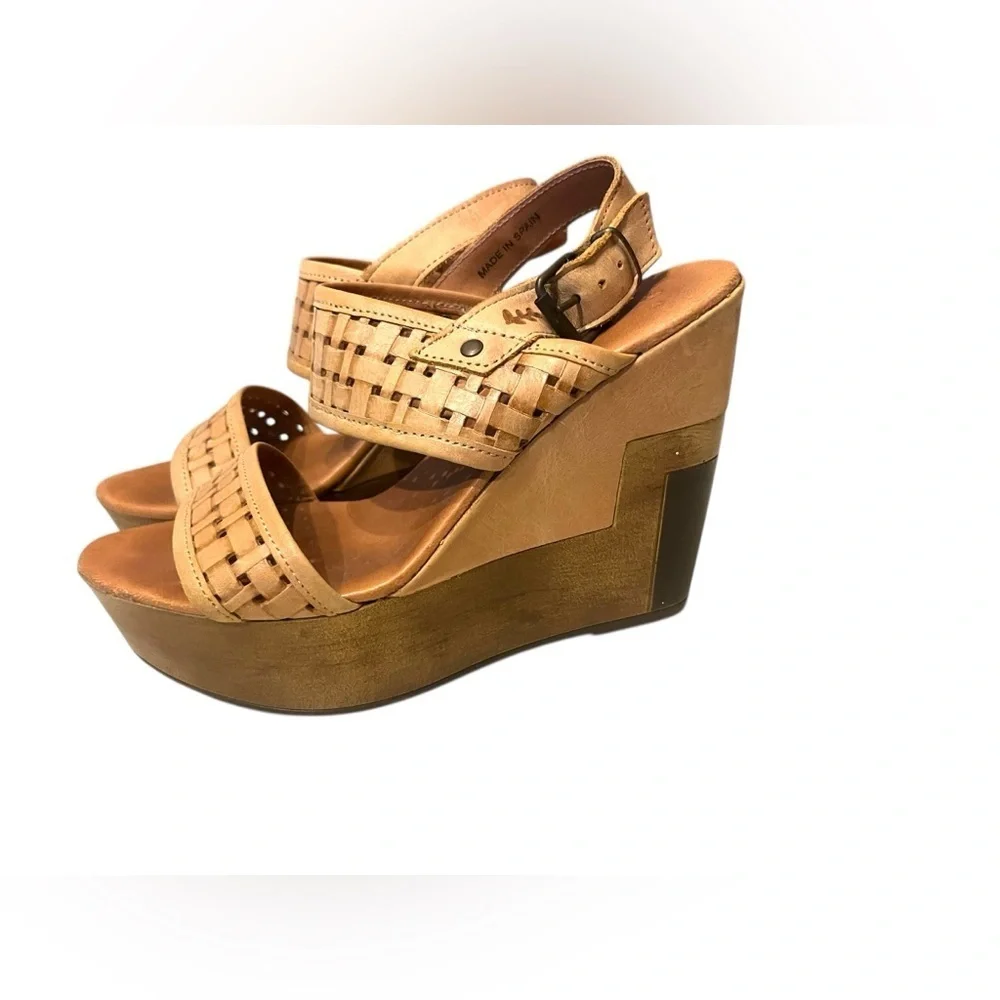 Musse & Cloud Platform Wedge Heel Tan leather Colorblock Sandals Sz 38 US 7/7.5 - Picture 6 of 11